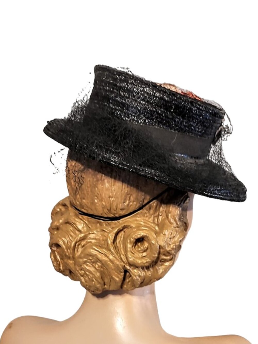 1940s True Vintage Black Straw Wide Brimmed Tilt Hat With Large Roses Back Band - Picture 5 of 6
